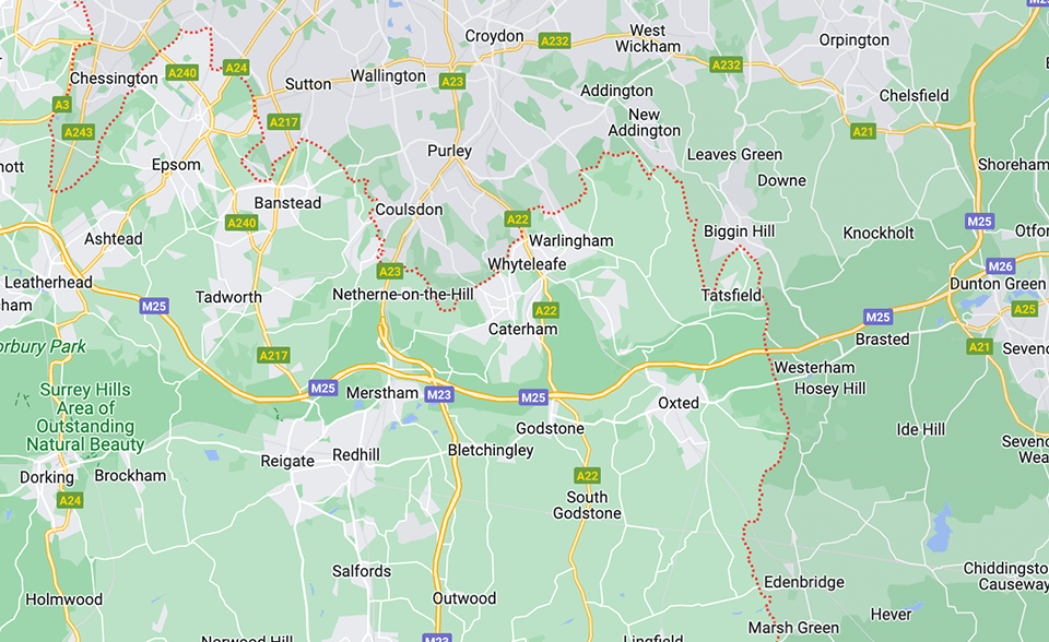 map of surrey showing area covered by Signature Roofing